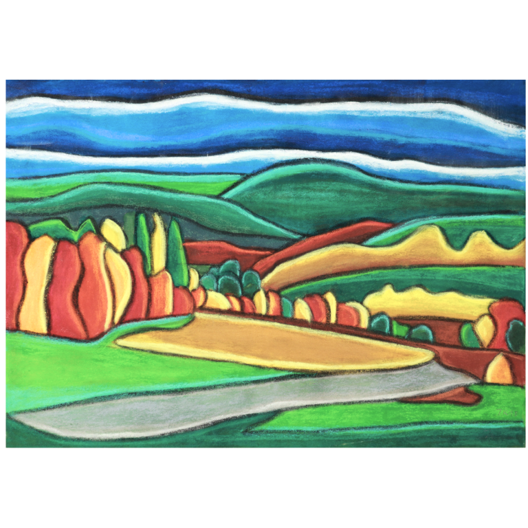 Gemälde des bekannten Passauer Künstlers Johannes Nathanael Straßer. Bekanntester Maler Niederbayerns. Bunte Landschaft mit sanften Hügeln, Bäumen und einem fließenden Weg.