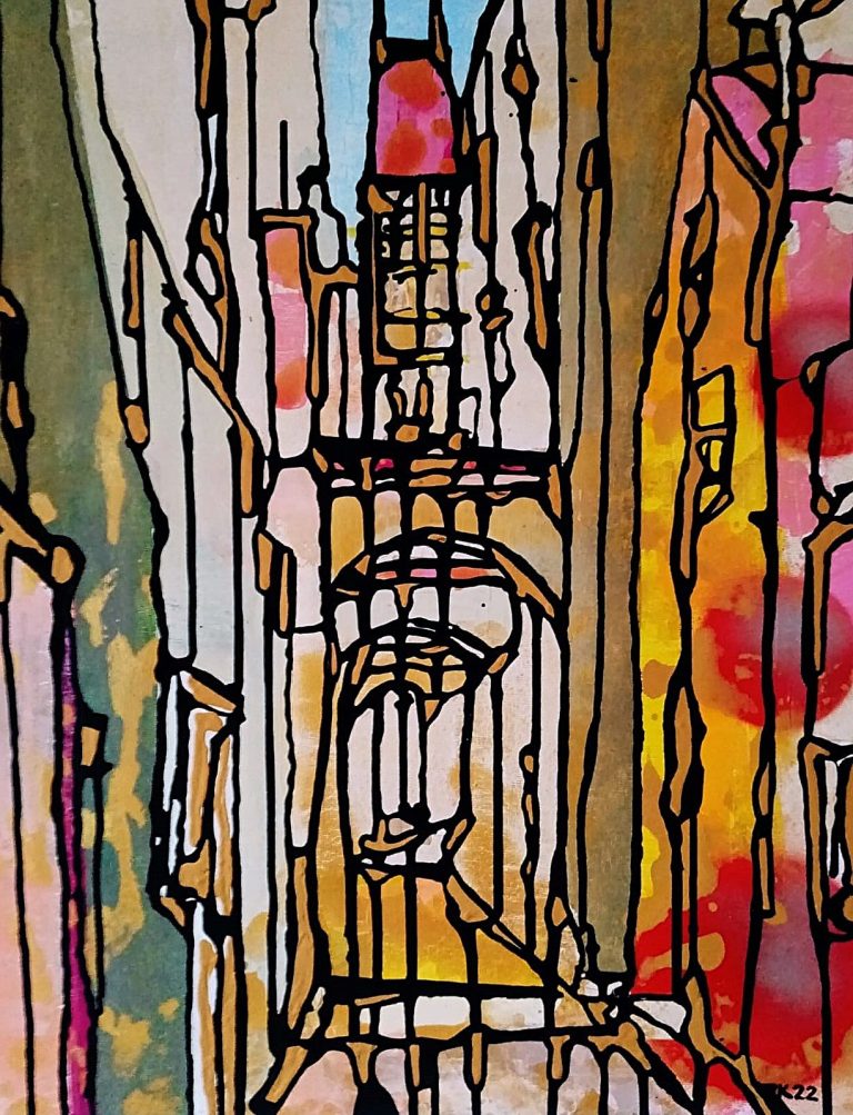 Aquarell der Höllgasse Passau Bunte gasse mit roten und gelben Gebäuden, Bäumen und strahlend blauem Himmel.