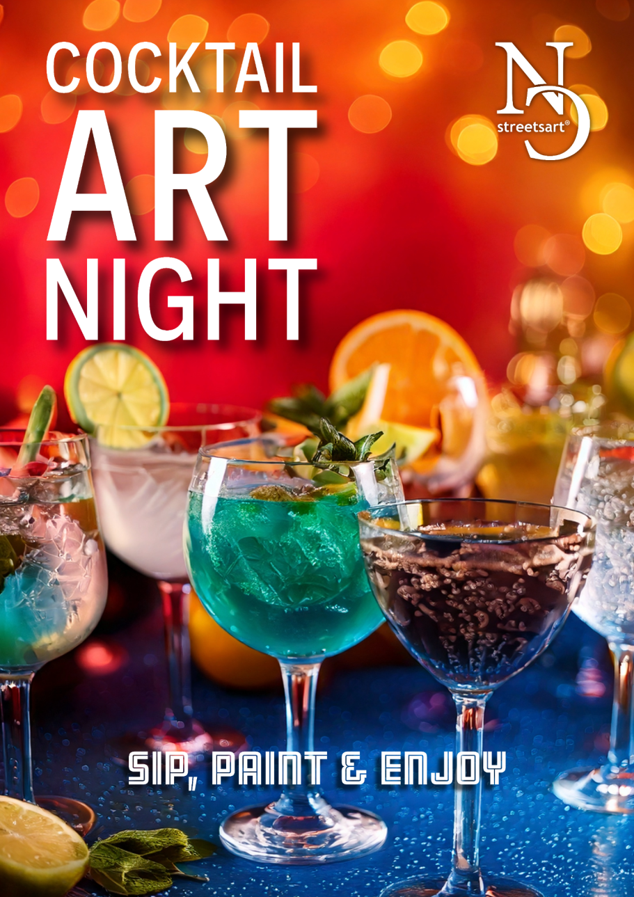 Workshop in der Art Factory ncstreetsart Cocktail-Nacht-Event mit bunten Getränken und dem Text "Sip, Print & Enjoy".