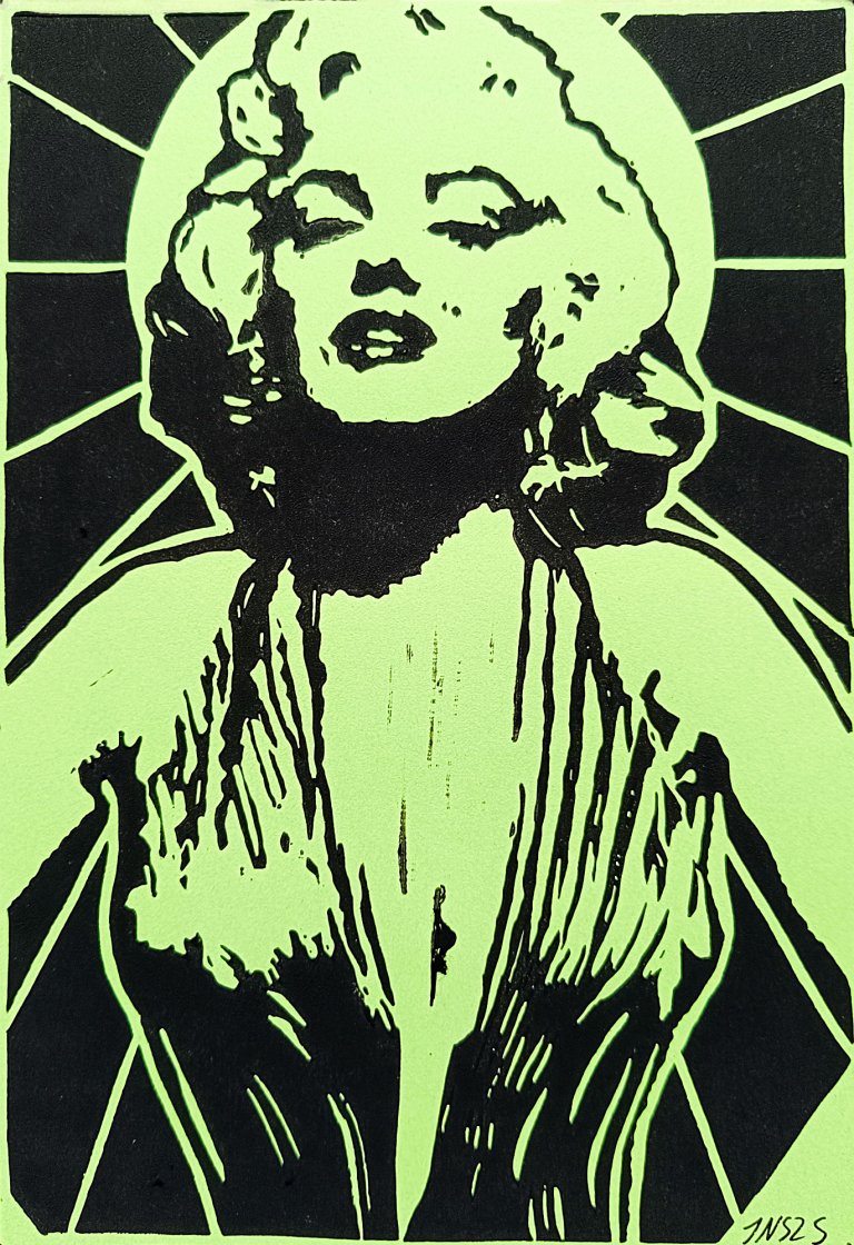 Gemälde des bekannten Passauer Künstlers Johannes Nathanael Straßer Porträt einer stilisierten Marilyn Monroe mit strahlendem Hintergrund.