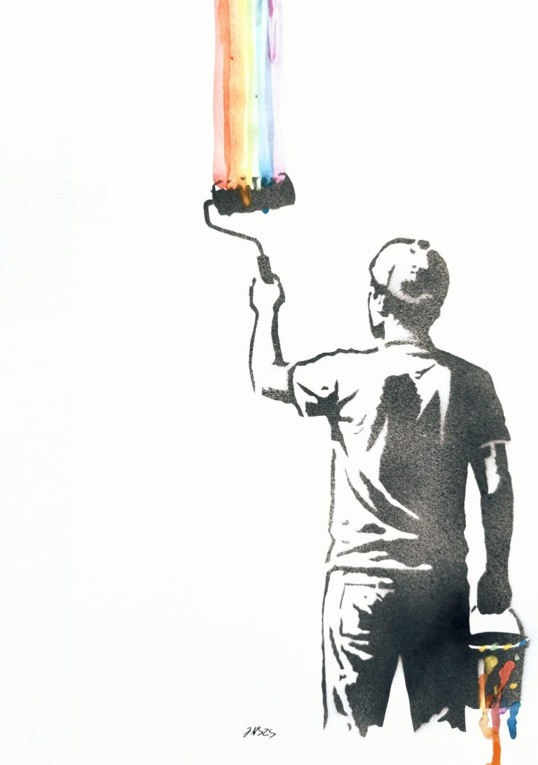 Gemälde des bekannten Passauer Künstlers Johannes Nathanael Straßer. Bekanntester Maler Passaus. Ein Mann streicht mit einer Farbrolle einen Regenbogen an die Wand.