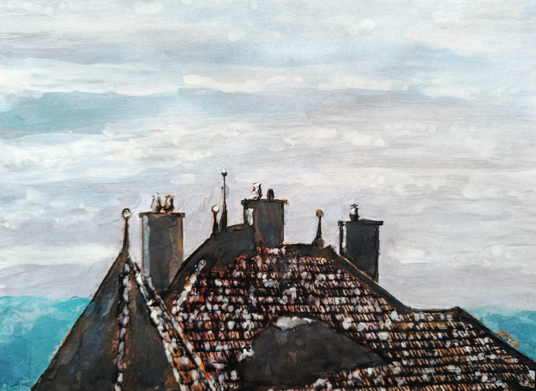 Gemälde des bekannten Passauer Künstlers Johannes Nathanael Straßer. Bekanntester Maler Passaus. Dächer mit schindelgedeckten Spitzen unter einem bewölkten Himmel.