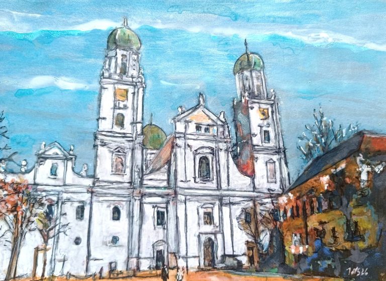 Gemälde des bekannten Passauer Künstlers Johannes Nathanael Straßer. Bekanntester Maler Passaus. Bunte Darstellung des Passauer Doms St. Stephan mit zwei Türmen und einem klaren Himmel im Hintergrund.