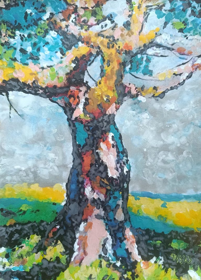 Gemälde des bekannten Passauer Künstlers Johannes Nathanael Straßer. Bekanntester Maler Passaus. Bunt gemalter Baum mit lebendigen Farben, vor einem grauen Himmel und grünem Boden.