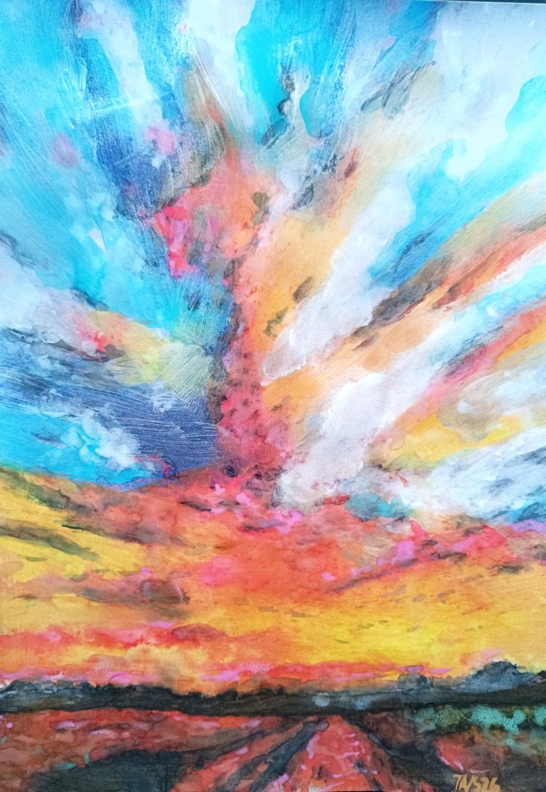 Gemälde des bekannten Passauer Künstlers Johannes Nathanael Straßer Farbenfroher Sonnenuntergang mit leuchtenden Wolken über einer Landschaft.