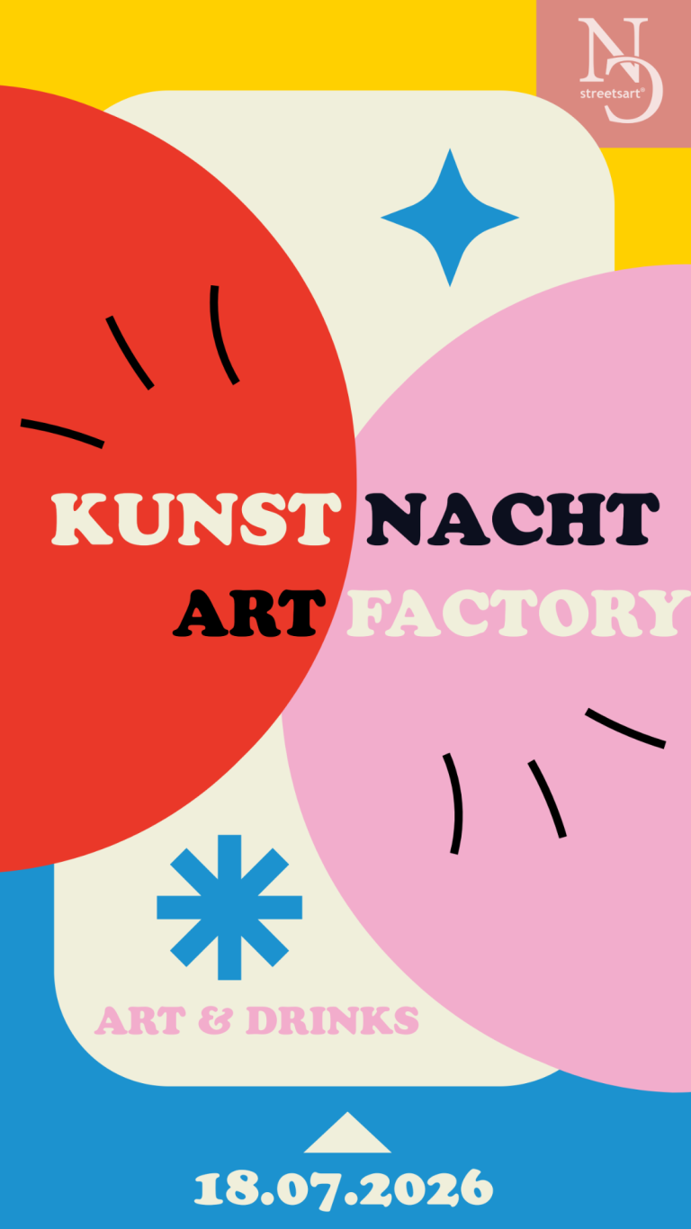 Plakat für die Kunstnacht Art Factory am 18.07.2026 mit bunten geometrischen Formen.