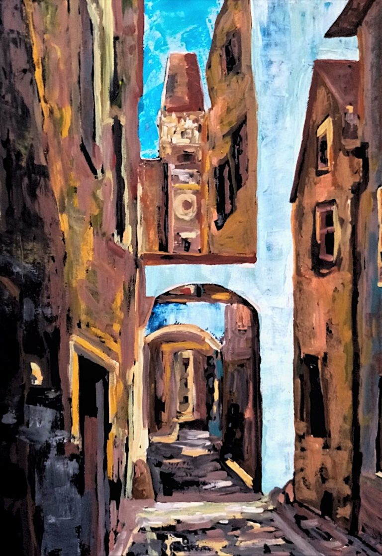 Gemälde des bekannten Passauer Künstlers Johannes Nathanael Straßer. Bekanntester Maler Passaus. Bunte Gasse mit historischen Gebäuden und einem klaren Himmel im Hintergrund.