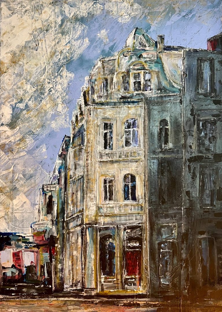 Gemälde des bekannten Passauer Künstlers Johannes Nathanael Straßer. Bekanntester Maler Passaus. Historisches, bemaltes Gebäude mit einem grünen Dach und Wolkenhimmel.