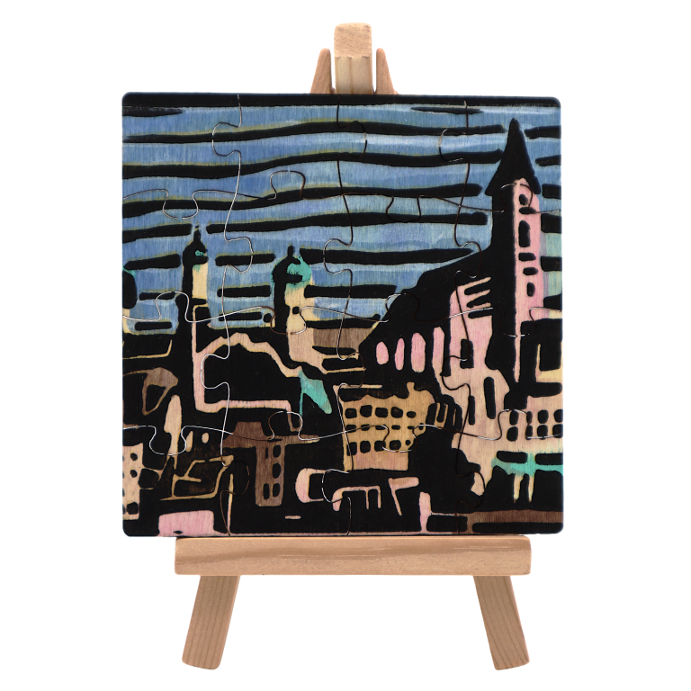 Aquarell der Höllgasse Passau Bunte gasse mit roten und gelben Gebäuden, Bäumen und strahlend blauem Himmel.