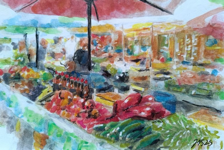 Gemälde des bekannten Passauer Künstlers Johannes Nathanael Straßer. Bekanntester Maler Passaus. Passau Wochenmarkt. Bunt geschäftiger Markt mit frischem Obst und Gemüse unter Sonnenschirmen.