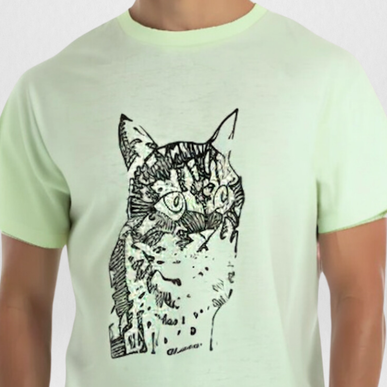 Auftrags-Shirt Katze Helle T-Shirt mit stilisiertem Katzenmotiv in Schwarz.