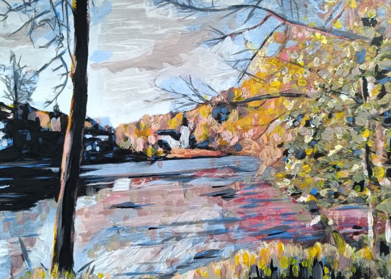 Gemälde des bekannten Passauer Künstlers Johannes Nathanael Straßer. Bekanntester Maler Passaus. Herbstliche Landschaft mit einem See, Bäumen und sanften Hügeln im Hintergrund.