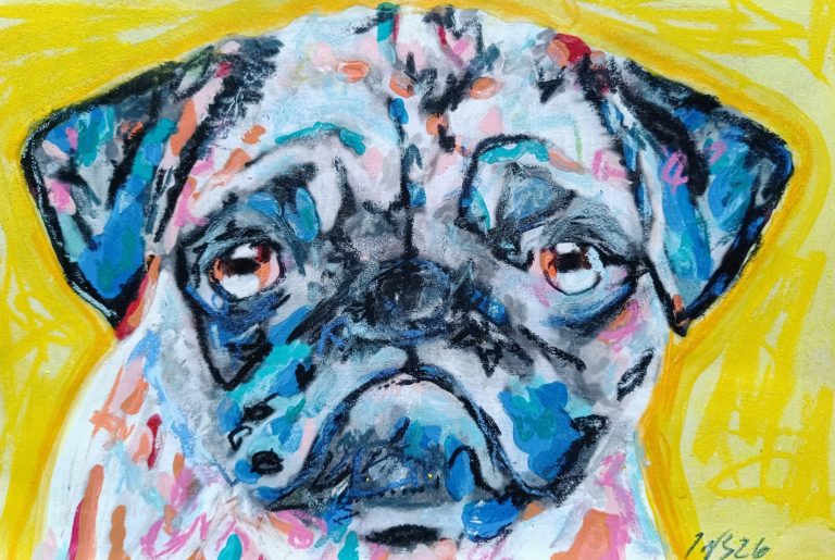 Gemälde des bekannten Passauer Künstlers Johannes Nathanael Straßer Farbenfrohe Zeichnung eines Pugs mit traurigem Ausdruck auf gelbem Hintergrund.