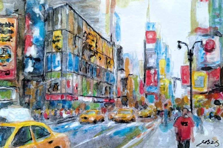 Gemälde des bekannten Passauer Künstlers Johannes Nathanael Straßer. Bekanntester Maler Passaus. Bunte Straßenszene in Times Square mit Taxis und lebhaften Reklametafeln.